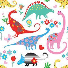 Cute Dinosaurs kids pattern for girls and boys Cartoon Animals on White Creative seamless background hand drawn funny Pink dino for textile and fabric - 518337135