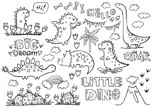 Set of cute dinosaurs and lettering roar,  Hello, Big Dream, little dino isolated on white. Vector illustration. Perfect for print, coloring book, greeting card.