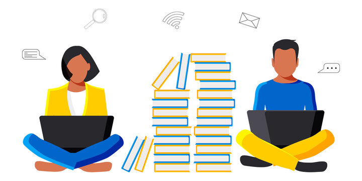 Pretty purposeful girl and boy are sitting together with laptops among books and textbooks. Online education concept in blue and yellow colors flat style on white background. 