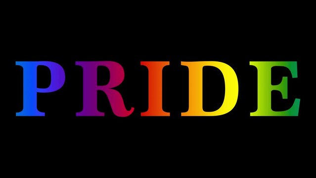 The word Pride shimmers with the colors of the LGBT rainbow flag on the black background. Pride banner. High-quality video 4K resolution. LGBT flag, rainbow