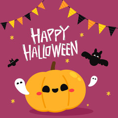 Happy halloween greeting card with cute pumpkin. Holidays cartoon character. cartoon vector.