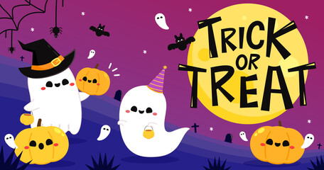 Fototapeta premium Happy halloween party greeting card with cute ghost. Holidays cartoon character. Trick or treat design with cute pumpkin. Halloween funny cartoon.