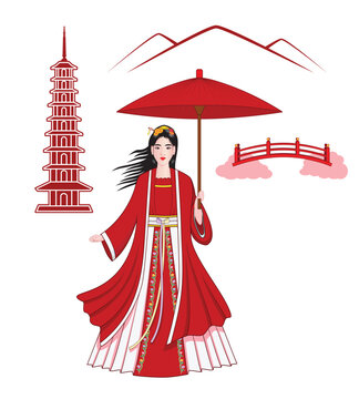 Cute beautiful woman dress in red and white color ancient Chinese traditional dress called Hanfu dress holding red umbrella background with Mountain View and Chinese pagoda drawing in cartoon vector