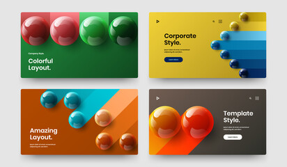 Clean banner design vector concept set. Colorful 3D spheres magazine cover layout composition.