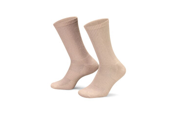 Pair of beige cotton socks isolated on white. Set of short socks for sports as mock up and label for advertising, logo, branding.