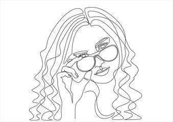 Woman face  in glasses  continuous line drawing.  Line art, drawing of face , fashion concept, woman beauty minimalist, vector illustration