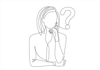one line drawing of woman wondering, thinking solving problems.