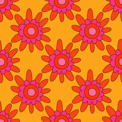 Fototapeta na wymiar square vector seamless pattern - flower in hippie style.1970 good vibes.Funky and groovy 1970 daisy flower.Funky 1960 psychedelic ornament with floral.Kidcore kawaii wallpaper and fabric.Floral naive