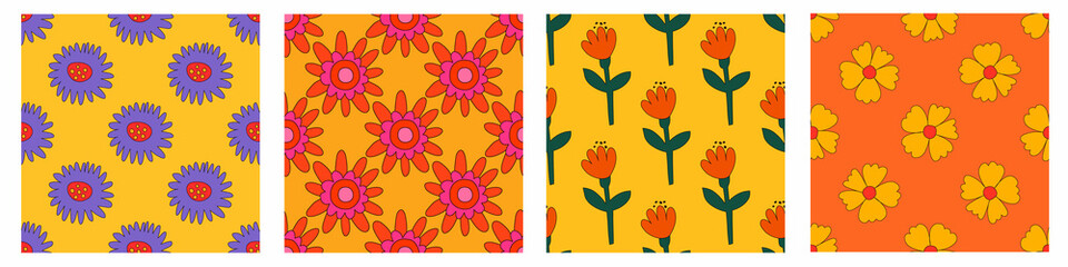 Fototapeta na wymiar set of vector yellow floral seamless patterns.Hippie psychedelic flowers.1970 good vibes and daisy flower.Funky cottage core ornament collection. square textile with rose and tulip.Vibrant back 