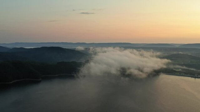 Solina Lake fog morning in Poland