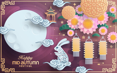 Mid autumn festival paper art style with full moon, moon cake, chinese lantern and rabbits on background.