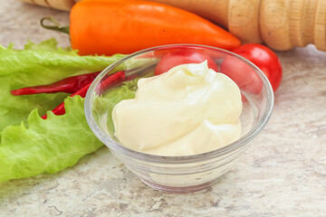 Organic mayonnaise sauce in the bowl