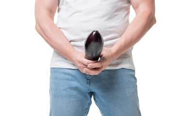 Man crop view holding eggplant at crotch level imitating large penis isolated on white