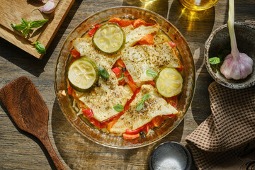 Baked cod fish served in bowl. Cooking fish with vegetable in the oven. Selective focus. Top view