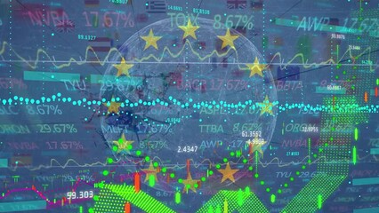 Animation of globe and data processing over flag of eu and national flags
