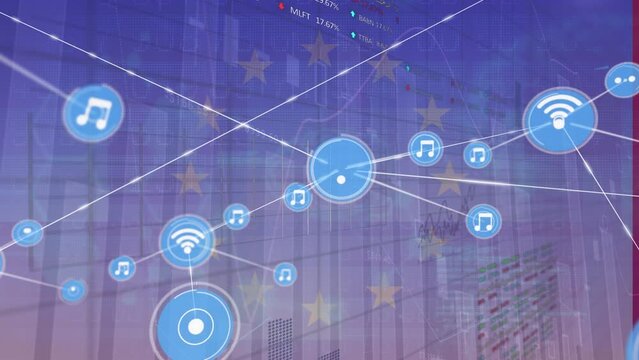 Animation of network of connections with icons over flag of eu and data processing - Powered by Adobe
