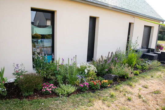 Flower borders in front of a house, ummer photo showing flower borders planted in early spring. Dahlias, Nepeta, salvea, dianthus, gaura, oenothera lindheimeri, liatris spicata, cosmos, anisodontea