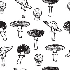 Seamless pattern with mushrooms. Forest poisonous mushroom, Medicinal plant. Creative autumn texture for fabric, wrapping, textile, wallpaper, apparel.