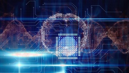 Animation of digital brain and dna strand over computer circuit board on black background - Powered by Adobe