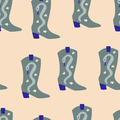 Seamless pattern with cowgirl boots with snakes and stars. Wild west, western hand drawn vector trendy background.