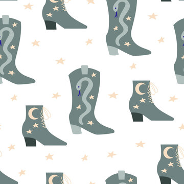 Seamless Pattern With Cowgirl Boots With Snakes And Stars. Wild West, Western Hand Drawn Vector Trendy Background.