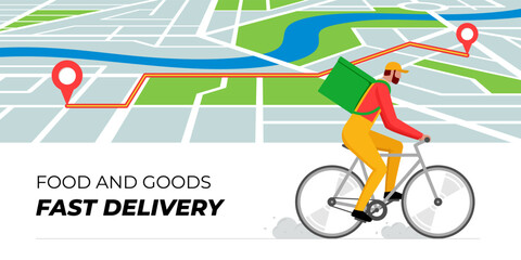 Bicycle delivery ordering service banner design template. Route with geotag location pins on city map and fast carrying courier on bike with backpack. Food and goods online order vector illustration