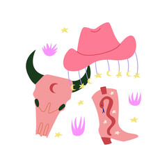 Set of western objects. Cowboy hat, bull skull, cowboy boots, stars and grass. Vector flat illustration on isolated background.