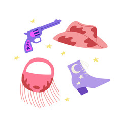 Set of cowgirl clothes and accessories. Vector illustration on isolated background. Disco party concept. Cowboy hat, bag, gun and boots.