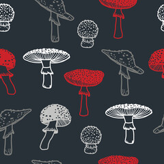 Amanita mushroom seamless pattern design - cute red mushrooms with white dots on dark background.