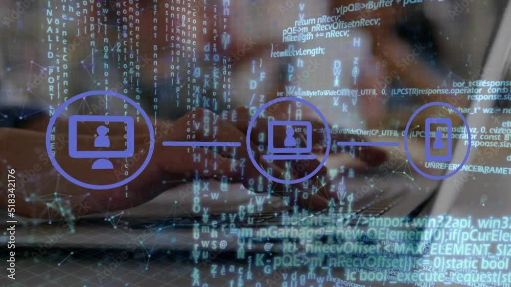 Poster animation of text and icons over binary code