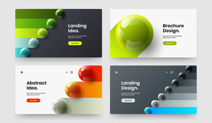 Amazing leaflet design vector concept bundle. Geometric realistic balls landing page template set.