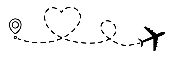 Airplane line dotted path in heart shape. Plane flight route with start point and dotted line trace. Travel and tourism concept. Vector illustration isolated on white background.
