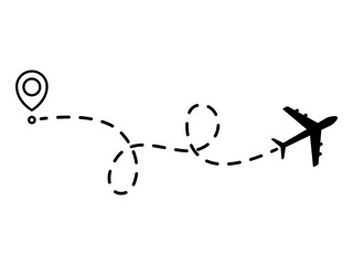 Airplane line dotted path. Plane flight route with start point and dotted line trace. Travel and tourism concept. Vector illustration isolated on white background.