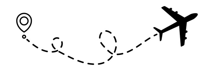 Airplane line dotted path. Plane flight route with start point and dotted line trace. Travel and tourism concept. Vector illustration isolated on white background.