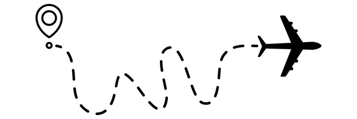 Airplane line dotted path. Plane flight route with start point and dotted line trace. Travel and tourism concept. Vector illustration isolated on white background.