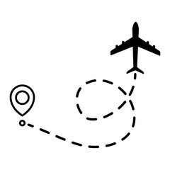 Airplane line dotted path. Plane flight route with start point and dotted line trace. Travel and tourism concept. Vector illustration isolated on white background.