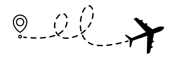 Airplane line dotted path. Plane flight route with start point and dotted line trace. Travel and tourism concept. Vector illustration isolated on white background.