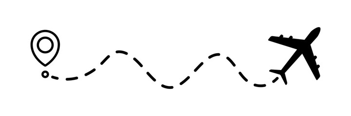 Airplane line dotted path. Plane flight route with start point and dotted line trace. Travel and tourism concept. Vector illustration isolated on white background.