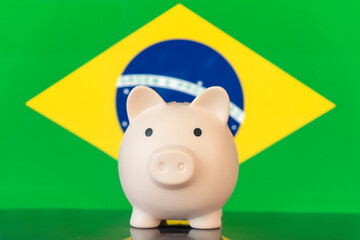 Concept of financial crisis. Piggy bank with national flag of Brazil