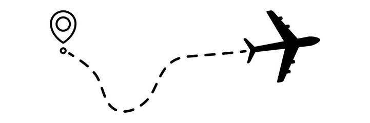 Airplane line dotted path. Plane flight route with start point and dotted line trace. Travel and tourism concept. Vector illustration isolated on white background.