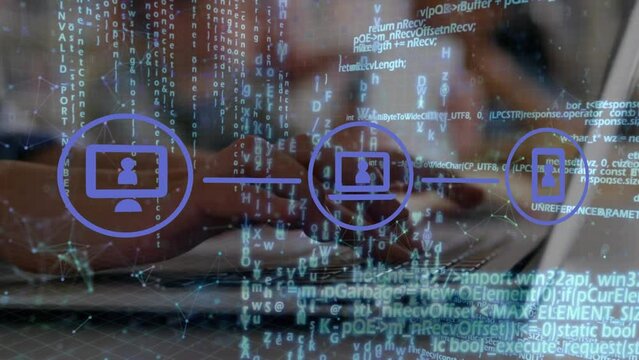 Animation of text and icons over binary code