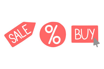 E commerce sale, buy and percentage icons in cartoon style.