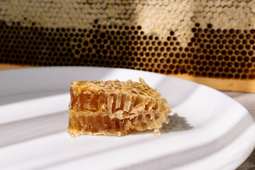 Piece of sweet honeycomb on the white plate near the open honeycomb in wooden frame on the table