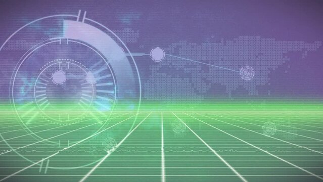 Animation of rada and connections over violet and green digital space