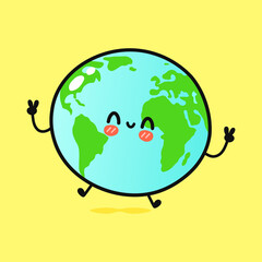 Cute funny jumping planet Earth. Vector hand drawn cartoon kawaii character illustration icon. Isolated on yellow background. Planet Earth concept