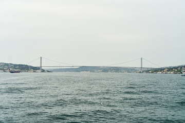 The Bosphorus Strait. View of the Bosphorus Bridge from afar in Istanbul, Turkey