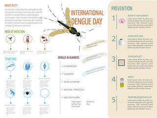 Infographic about Dengue, what it is, symptoms, mode of infection, measures to take as prevention.