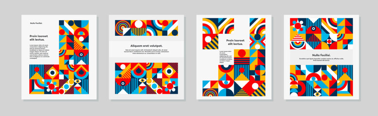 Cover design set bauhaus minimal 20s geometric style with geometry figures and shapes circle, triangle. square. Human psychology and mental health concept illustration. Vector 10 eps