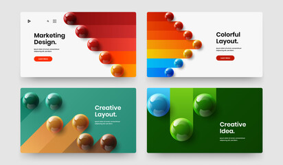 Modern pamphlet design vector layout set. Multicolored realistic balls postcard template collection.