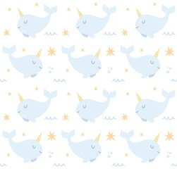 Cute Narwhal Seamless Pattern Vector Illustration